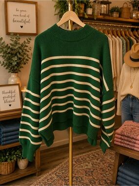 Zenana Outfitters Green & Cream Striped Crewneck Sweater